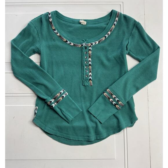 We the Free People XS Green Thermal Top Embroidered Long Sleeve Henley Shirt - Picture 1 of 7